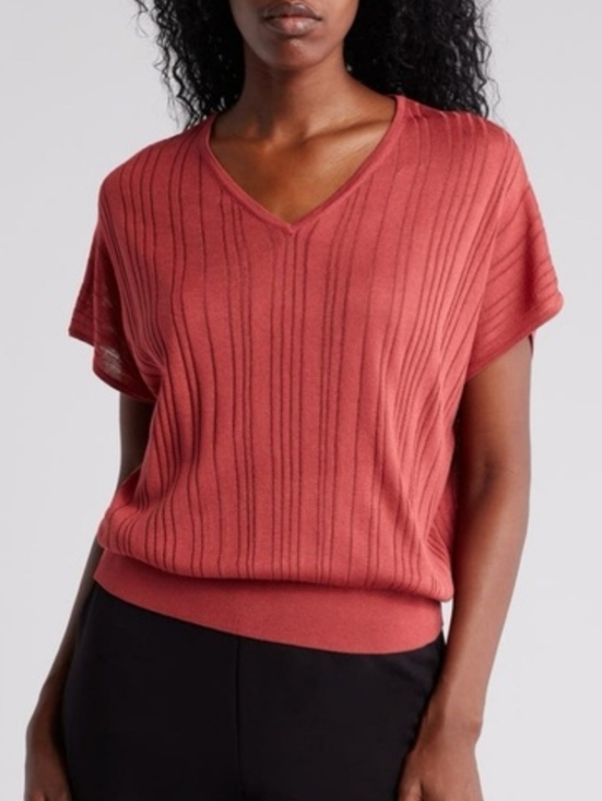 Adrianna Papell Sweaters - ADRIANNA PAPELLV-neck Vertical Rib Sweater In Rose Batwing Drop shoulder Med